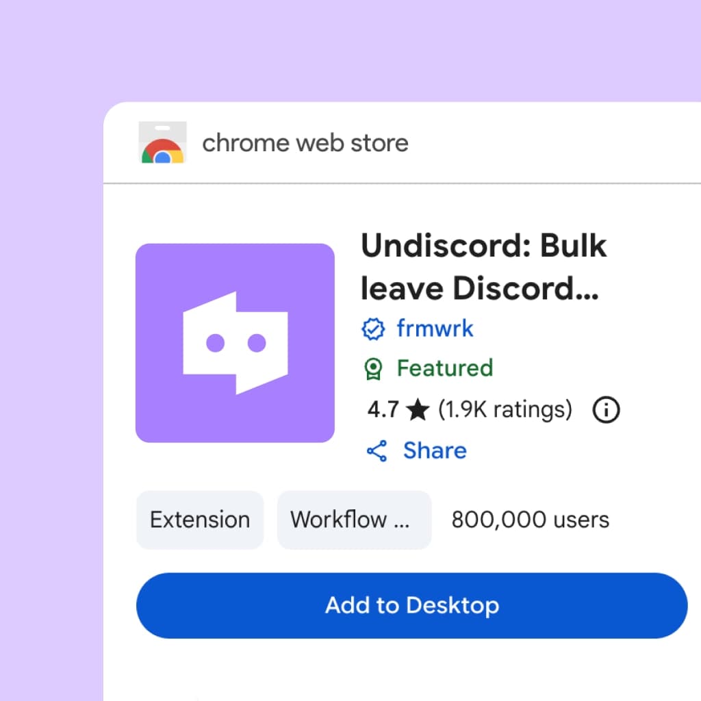 Chrome Web Store showing Undiscord extension with 4.7 star rating, Featured badge, and 800,000 users