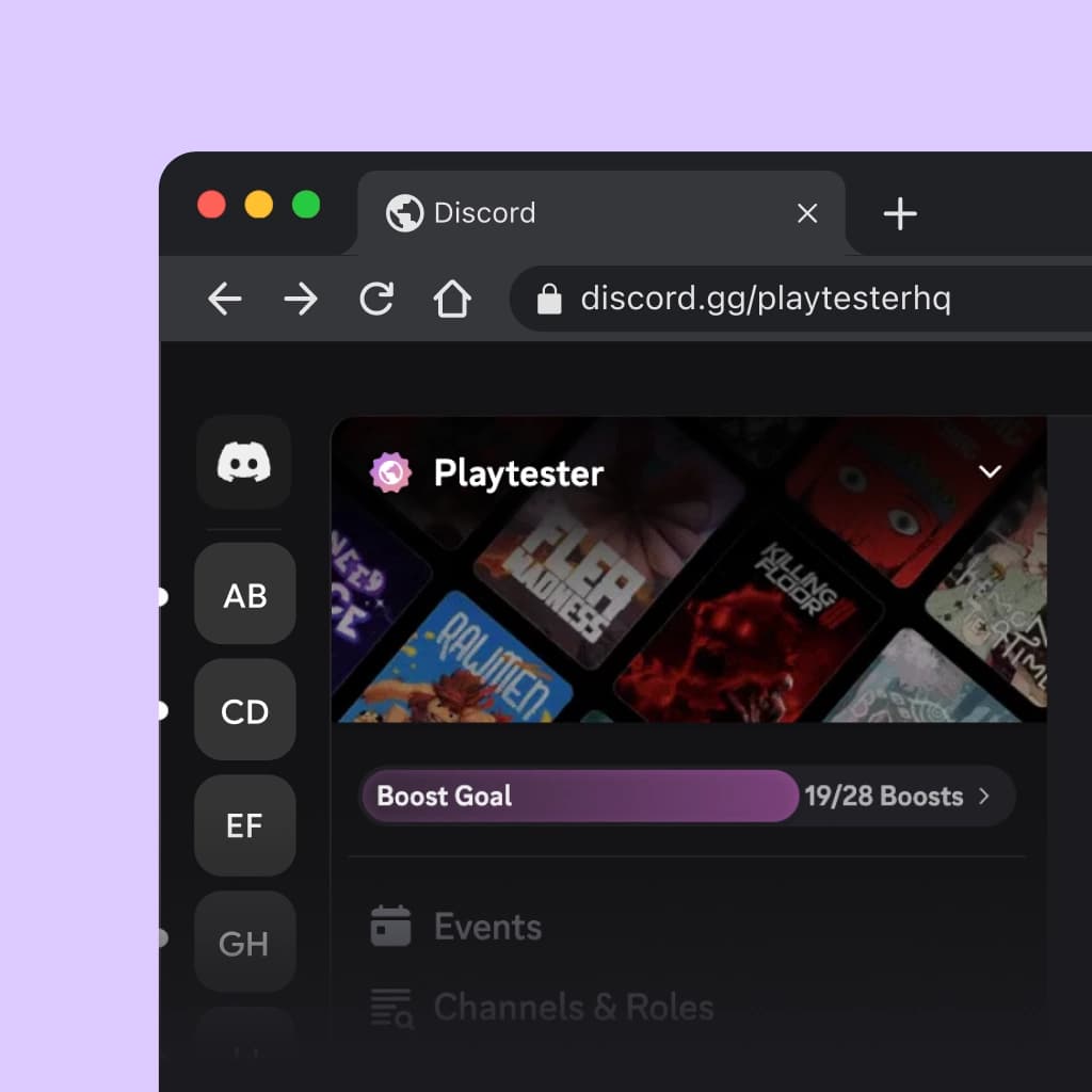Discord web app open in browser showing Playtester server with multiple servers in sidebar