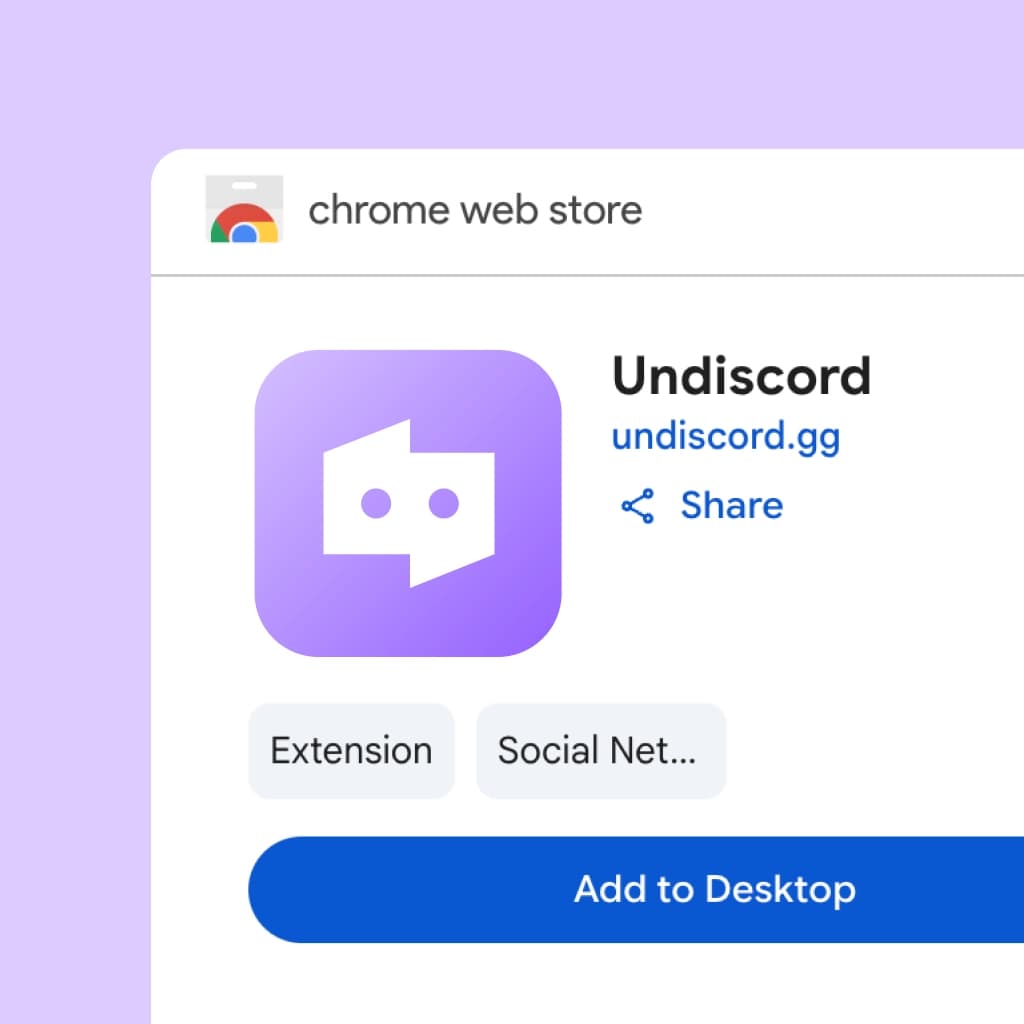 Chrome Web Store showing Undiscord extension with 4.7 star rating, Featured badge, and 800,000 users